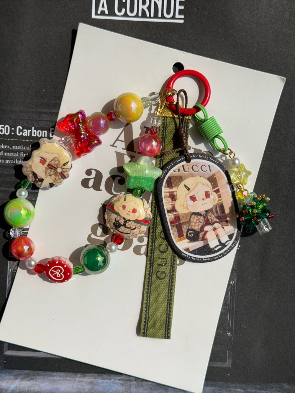 Authentic GG Ribbon& Christmas Crystal tree Charm &Character Tags&Red/green bead
